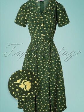 Banned size M Green Floral Midi Dress with Button-Front and Short Sleeves
